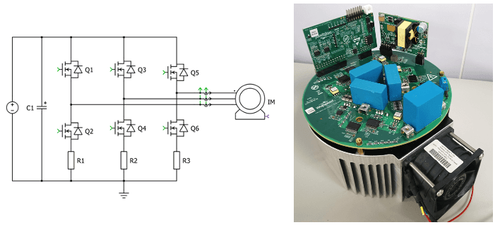 There are two different images. On the left is a block diagram of the 11 kW Three-Phase Motor Drive Inverter with 1200 V. On the right, the physical product of SKU C3M0075120K.