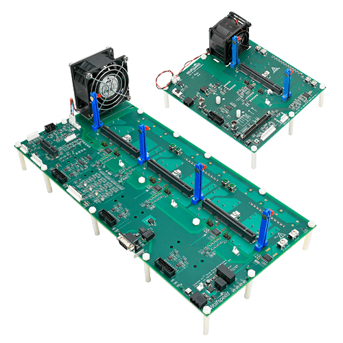 Angled product photography of two Wolfspeed SpeedVal Kit Motherboards