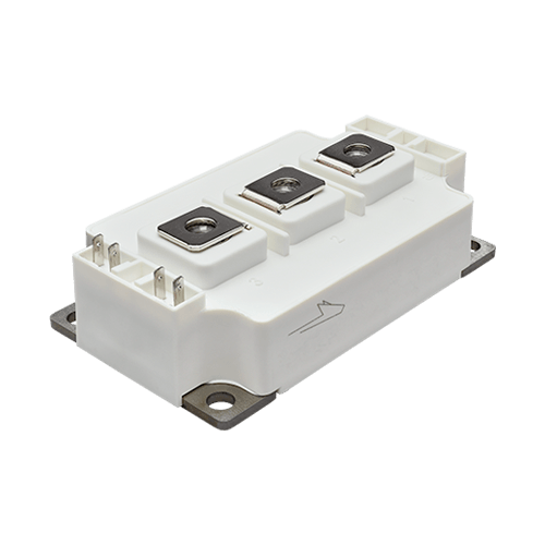 Angled product photo of the white 62 mm half-bridge power module for Wolfspeed. Its form factor is used for both BM2 and BM3 families.