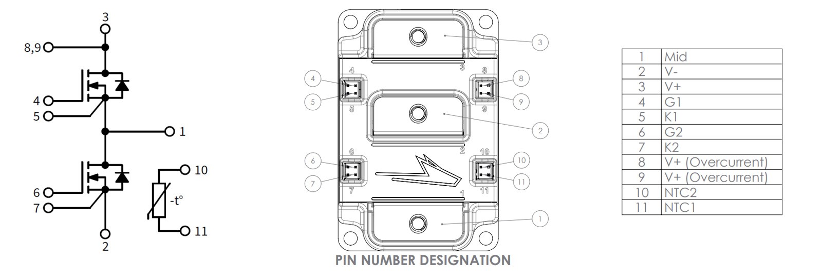 A three part illustration showing an EAB450M12XM3's internet wiring schematic. On the left is a circuit diagram. The middle is a line drawing of an XM3 module with pin number locations enumerated on it. The right is a table that tells you which number accounts for what pin designation.