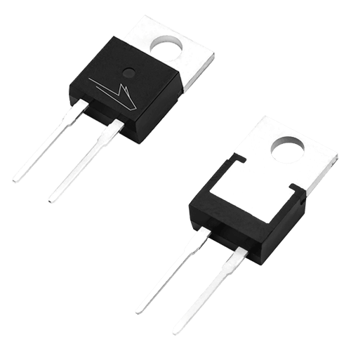 Angled product photo of the front and back of the TO-220-Isolated package used for Wolfspeed's Discrete Silicon Carbide MOSFETs.