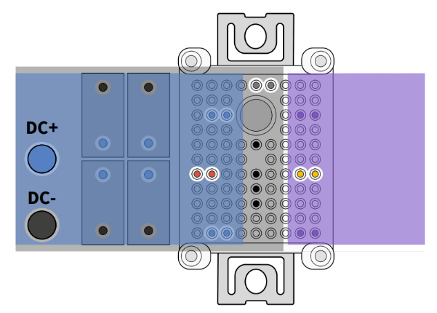 Figure 3: WolfPACK power module with good layout practice (blue on left indicates input plane/PCB and purple on right indicates output plane/PCB)