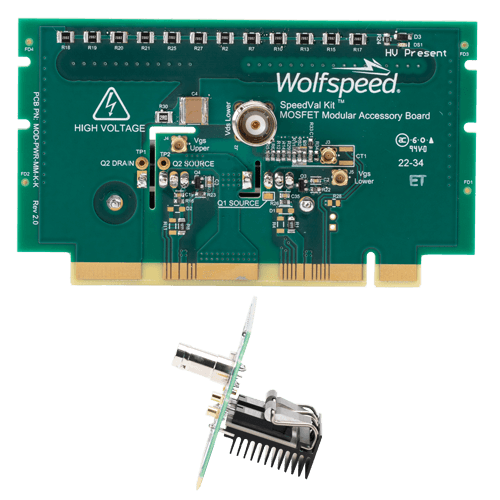 Product shot of Wolfspeed's MOD-PWR-MM, a MOSFET modular accessory board (power daughter card) in a TO-247-4 package designed for Wolfspeed's SpeedVal Kit modular evaluation platform.