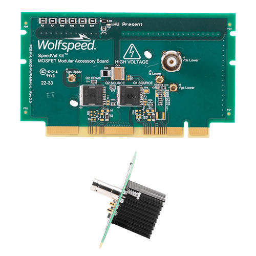 Front & side shots of Wolfspeed's SpeedVal Kit power daughter card (MOSFET modular accessory board) in a TOLL (TO-Leadless) discrete package.