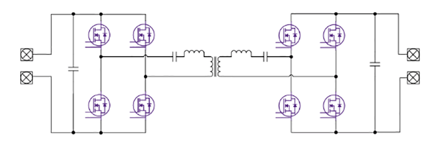 Illustrated circuit diagram showing a bi-directional CLLC DCDC converter.