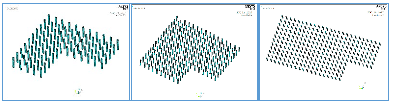 Figure 4: Via arrays in each model, A: 5 rows; B:10 rows, C:1-inch square, left to right