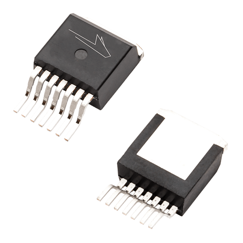 Image that includes both the front and back of the J1-TO-263-7 XL package used for Wolfspeed's discrete Silicon Carbide power devices including SiC MOSFETs and Schottky diodes.