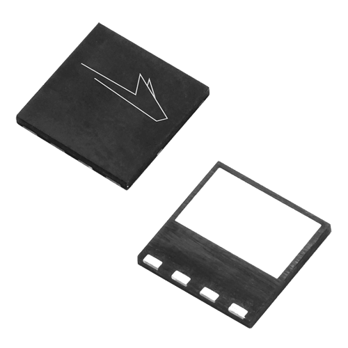 Angled product photo of the front and back of the QFN package used for Wolfspeed's Discrete Silicon Carbide MOSFETs.