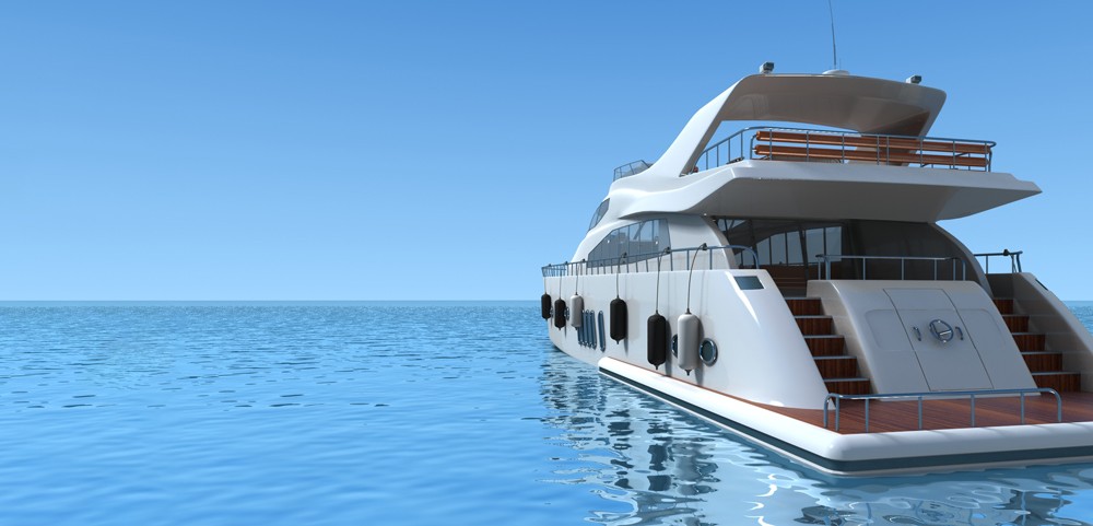 A medium-sized boat close to the camera. To the left you can see the calm sea and sky. This represents Wolfspeed's products that support e-mobility projects in the water.