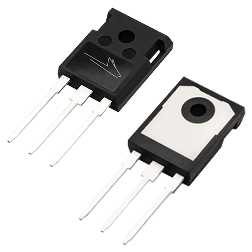 Angled product photo of the front and back of the TO-247-3 package used for Wolfspeed's Discrete Silicon Carbide MOSFETs.