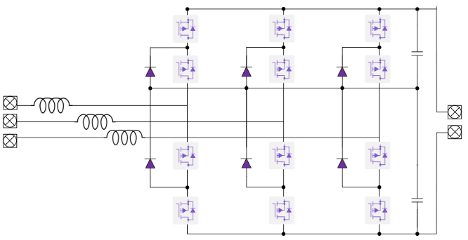 Circuit design diagram of a neutral-point-clamped (NPC) topology. The high part count, cost, and complexity are the tradeoffs for this topology.