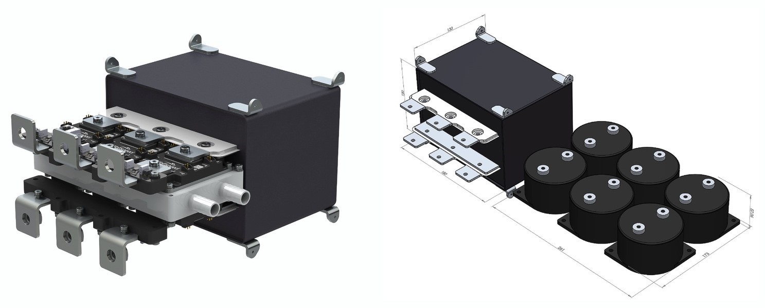 Two 3D images side by side, one of a DC link capacitor and one of a to-scale size comparison with 6 standard cylindrical caps.