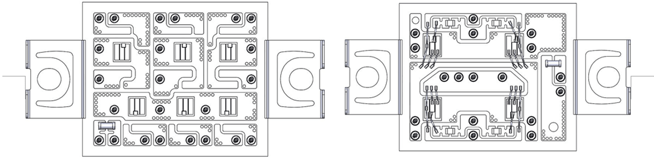 Figure 3: Internal layout of six-pack module (left) and half-bridge module (right.)