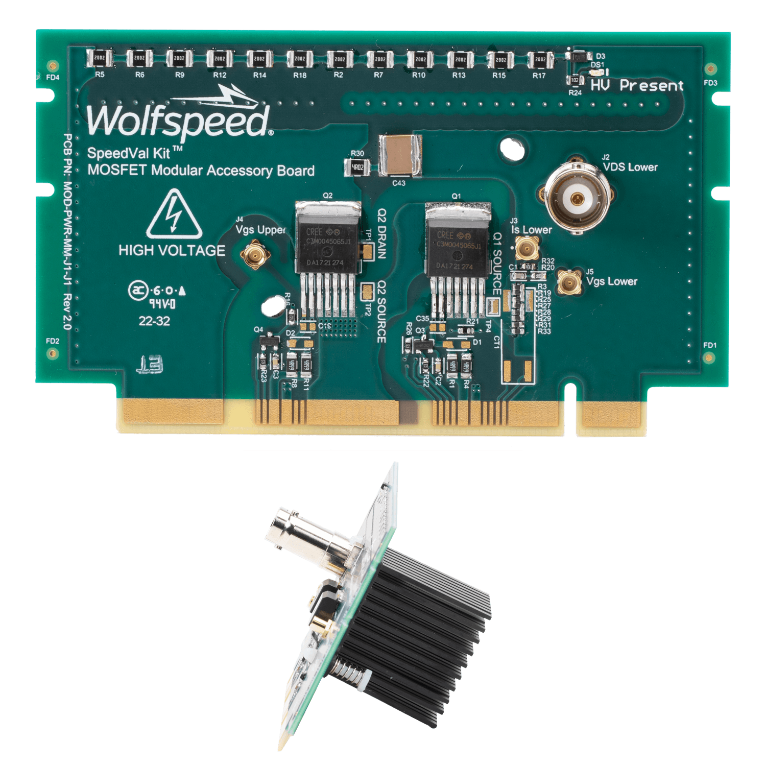 Product shot of Wolfspeed's MOD-PWR-MM, a MOSFET modular accessory board (power daughter card), in a TO-263-7 package designed for Wolfspeed's SpeedVal Kit modular evaluation platform.