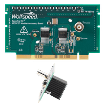 Product shot of Wolfspeed's MOD-PWR-MM, a MOSFET modular accessory board (power daughter card), in a TO-263-7 package designed for Wolfspeed's SpeedVal Kit modular evaluation platform.