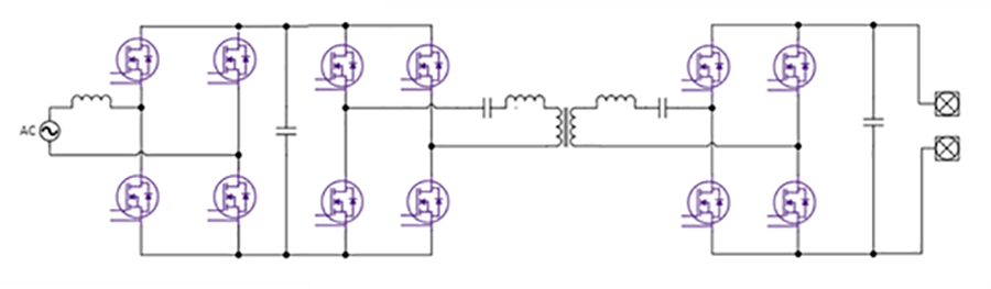 Illustrated circuit diagram showing a high efficiency on-board charger that uses SiC and a totem-pole PFC