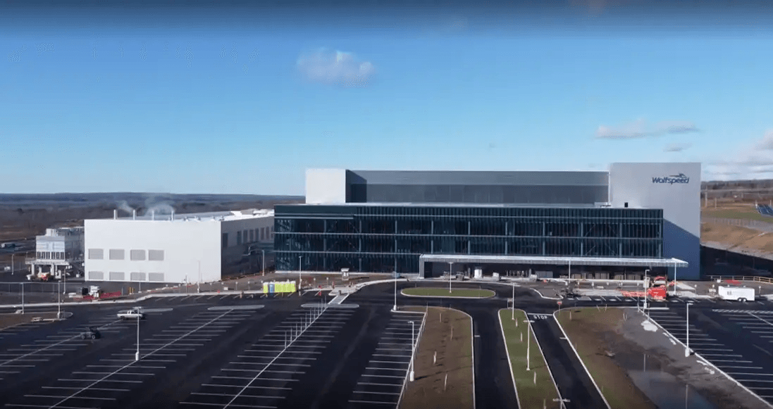 Landscape photo of the new Mohawk Valley Factory. You can see the whole building as well as the parking lot. This photo was taken shortly after the construction was completed. 