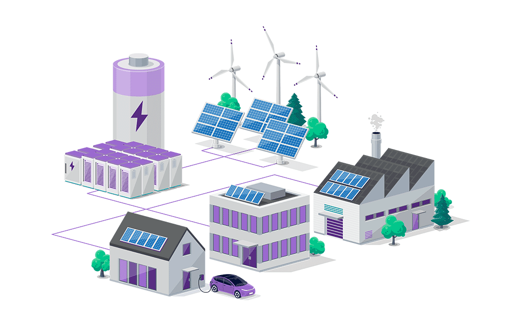 Rendering of a connected power grid with renewable energy