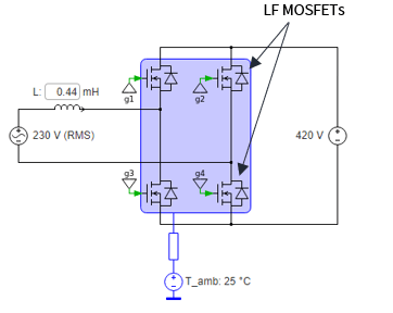 Circuit diagram of a LF MOSFET totem pole converter