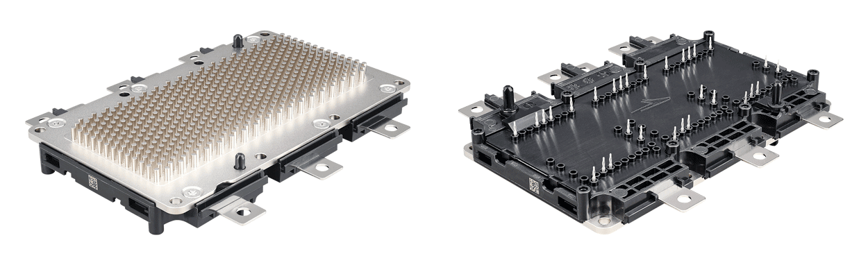 Back and front product photography of the Wolfspeed YM3 power modules