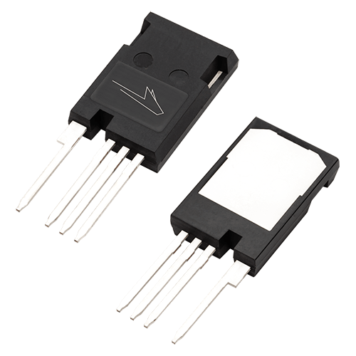 Angled product photo of the front and back of the TO-247-4 package used for Wolfspeed's Discrete Silicon Carbide MOSFETs.