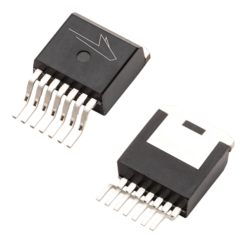 Angled product photo of the front and back of the TO-263-7 package used for Wolfspeed's Discrete Silicon Carbide MOSFETs.