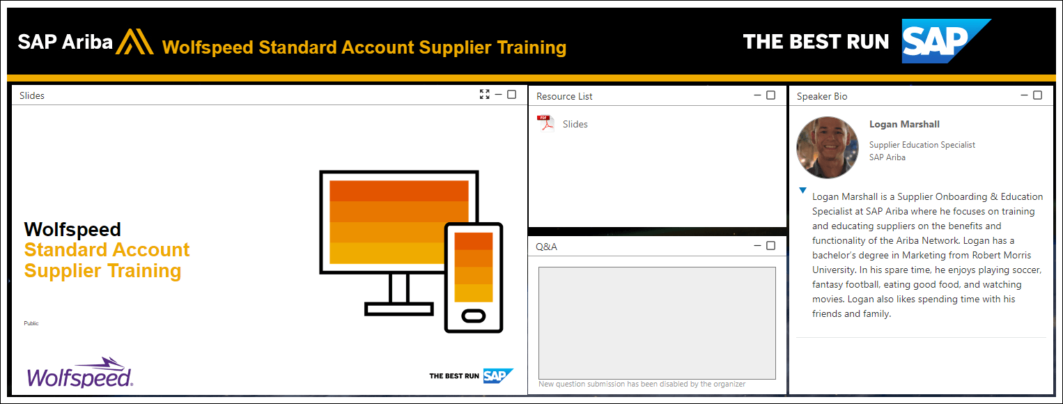 Screenshot of the Wolfspeed SAP Ariba learning site interface, including slides on the left, a resources list in the top middle, a Q&amp;A input box and a panel about the speaker.