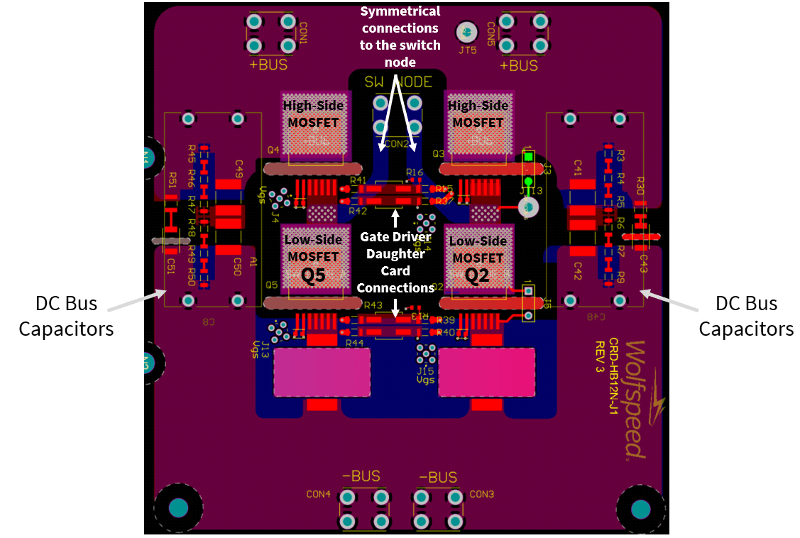 Figure 3b: KIT-CRD-HB12N-J1 power section layout showing symmetry and location of Q5 and Q2