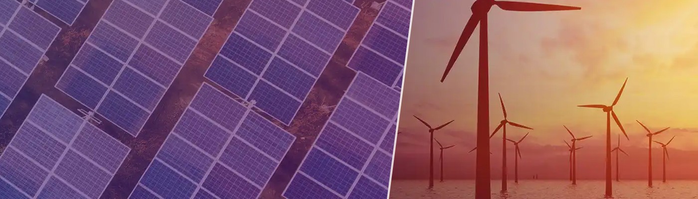Solar panels on the left and wind turbines on the right.