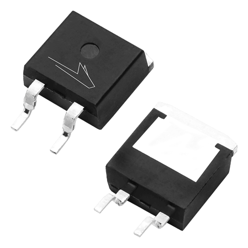 Image that includes both the front and back of the TO-263-2 package used for Wolfspeed's discrete Silicon Carbide power devices including SiC MOSFETs and Schottky diodes.