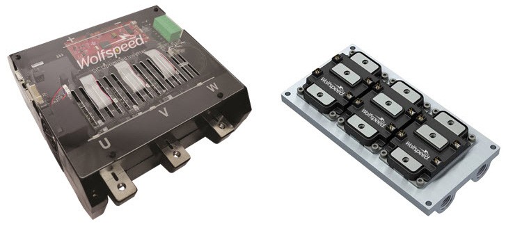 Two close up product photos shot side by side. The left is a Wolfspeed reference design, while the right is a picture of a Wieland MicroCool coldplate, which is included for thermal management. 