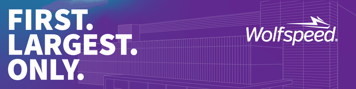 Line art illustration of Wolfspeed's Mohawk Valley Fab building with all caps letters "First. Largest. Only" on the left side