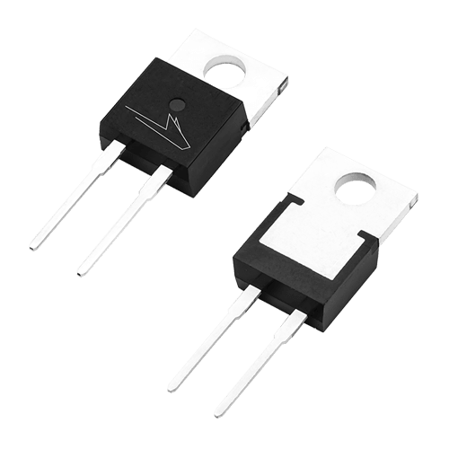 Angled product photo of the front and back of the TO-220-2 package used for Wolfspeed's Discrete Silicon Carbide MOSFETs.