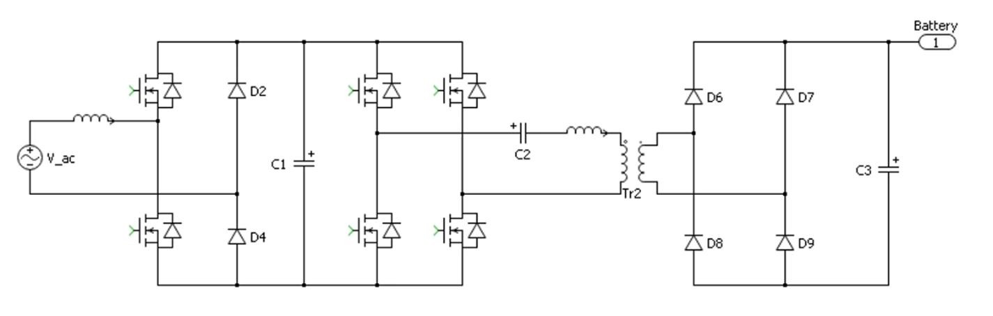 A circuit diagram; High-efficiency OBC architecture using SiC and a totem-pole PFC