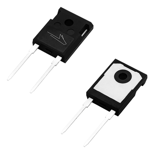 Angled product photo of the front and back of the TO-247-2 package used for Wolfspeed's Discrete Silicon Carbide MOSFETs.