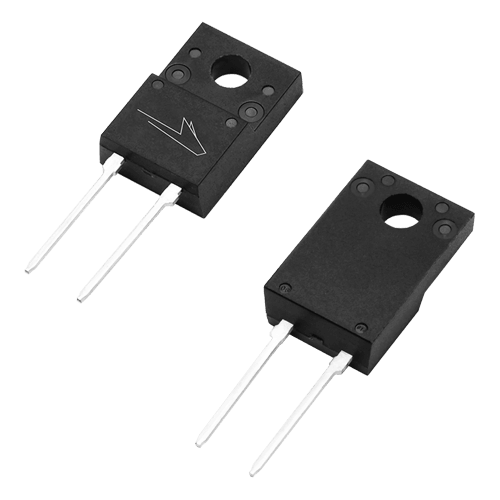 Angled product photo of the front and back of the TO-220-F2 package used for Wolfspeed's Discrete Silicon Carbide MOSFETs.