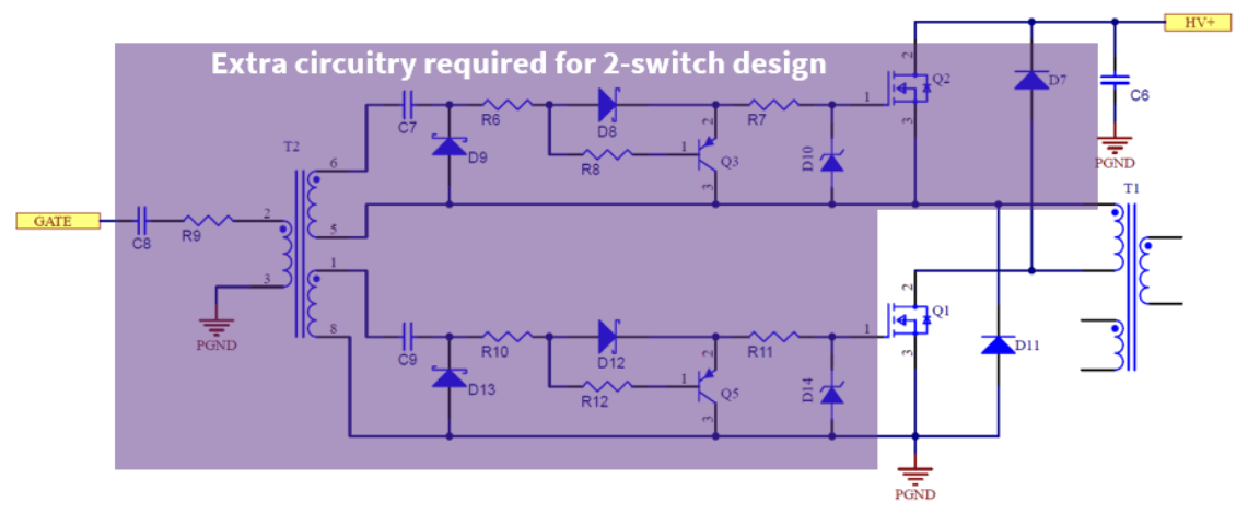 A circuit diagram with the label that reads "Extra circuitry required for 2-switch design".