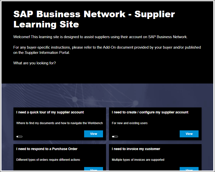 Screenshot of SAP Business Network Learning site landing page listing various supplier questions.