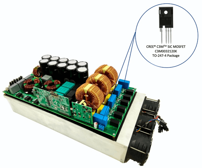 Product photo of Wolfspeed's AFE converter, with a cut-away close up of the Wolfspeed C3M SiC MOSFET