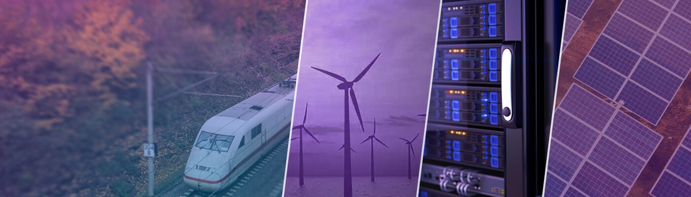 Collage of (from left to right) an EV train, wind turbines, data center servers and solar panels
