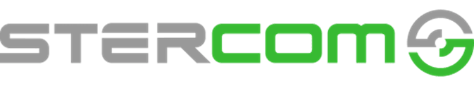 Gray and green Stercom wordmark. It serves as Stercom's logo.