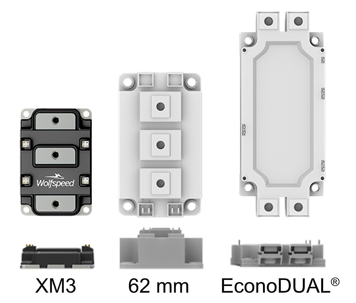 Line up of Wolfspeed XM3 power modules from left to right: XM3, 62 mm, EconoDUAL (registered trademark).