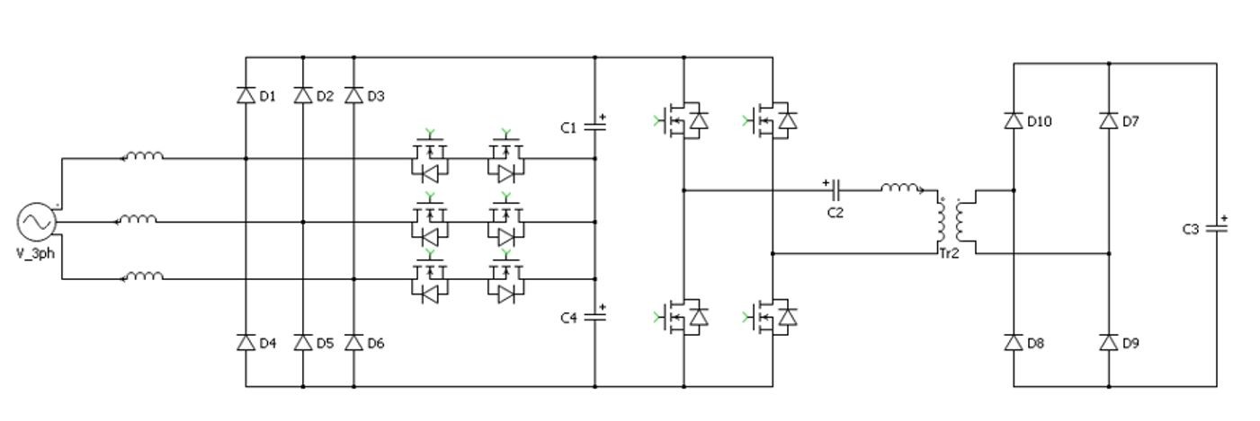 A circuit diagram; The Vienna PFC + LLC architecture for a three-phase 11-kW design with an 800-V bus