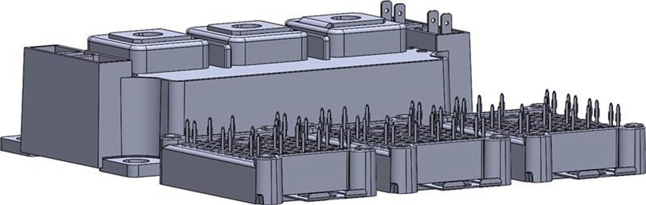 Figure 5: A 62 mm high-current module size comparison with three Wolfspeed WolfPACK™ modules.