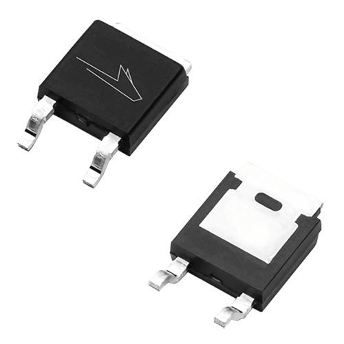 Image that includes both the front and back of the TO-252-2 package used for Wolfspeed's discrete Silicon Carbide power devices including SiC MOSFETs and Schottky diodes.