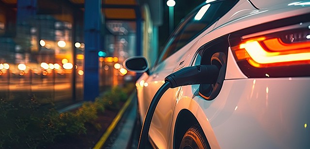 Close up image of an electric car that is plugged in and charging. Used to illustrate how our product line enables you to use high quality products without adding to product time.