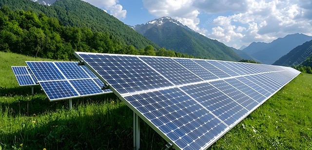 Three large solar panels set against a green field mid-ground and mountainous background. Image used as an example of our energy storage technology.