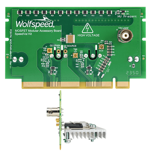 Product shot of Wolfspeed's MOD-PWR-MM-D-D, a MOSFET modular accessory board (power daughter card) in a TO-247-3 package designed for Wolfspeed's SpeedVal Kit modular evaluation platform.