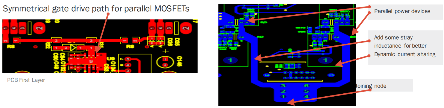 Two annoted examples of PCB layouts used in parallel MOSFET design