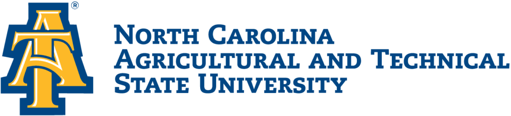 The gold and royal blue logotype for North Carolina Agricultural and Technical State University. To the right of the name is two large letters entwined vertically: the A and the T.